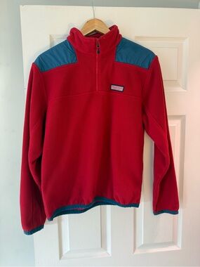 Vineyard Vines Red Fleece Quarter-Zip with Teal Shoulder Panels